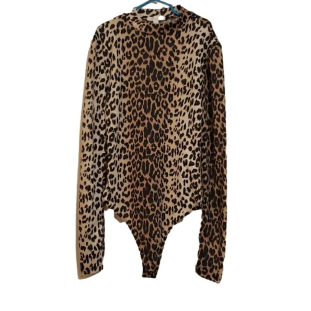 𝅺Abound Womens Mock Neck‎ Waffle Knit Long Sleeve Cheetah Print Bodysuit XXS